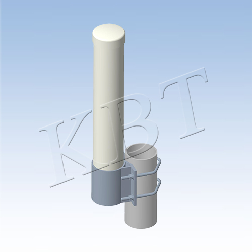 5150–5850 MHz dual-polarization omnidirectional antenna with white PVC radome, stainless steel bracket, and N-Female connectors for tower mounting.