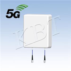 Dual-polarized directional panel antenna with N-female connectors, white ABS radome, compact form factor for outdoor 5 GHz wireless deployment.